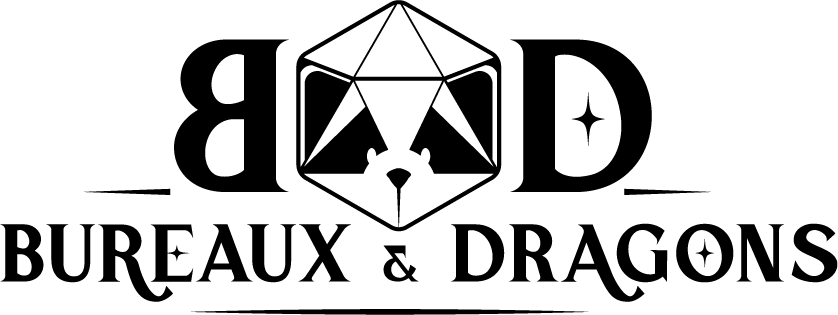 Logo Bureaux et Dragons avec une tête de raton laveur dans un dé à 20 faces