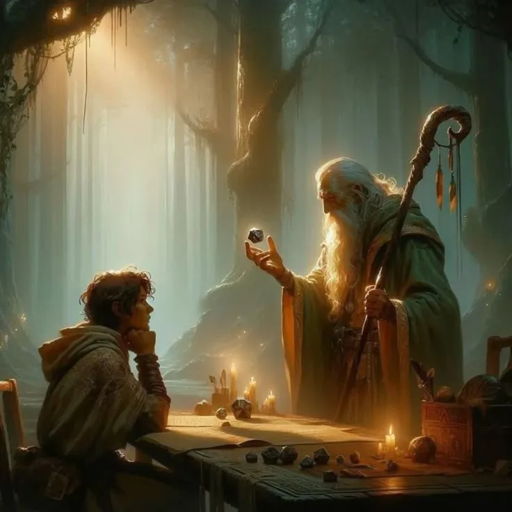 Un vieux magicien, debout avec son bâton et un petit objet dans la main, enseigne à son jeu apprenti qui est assit et le regarde.