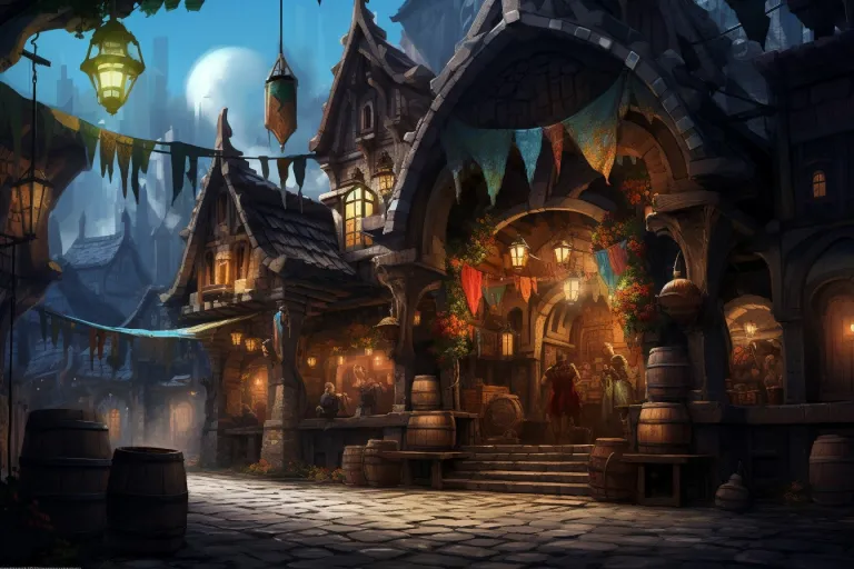 Auberge dans un village médiéval fantastique de nuit