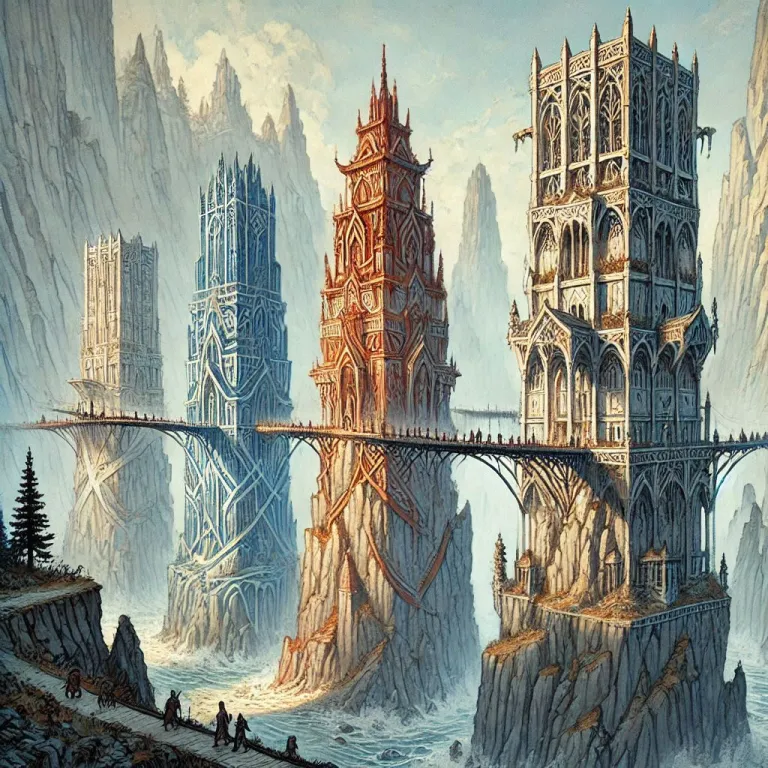 Illustration de quatre tours, une blanche, une bleu, une rouge et une noire, se dressant dans la mer entre deux falaises et reliées ensemble seulement par des passerelles suspendues