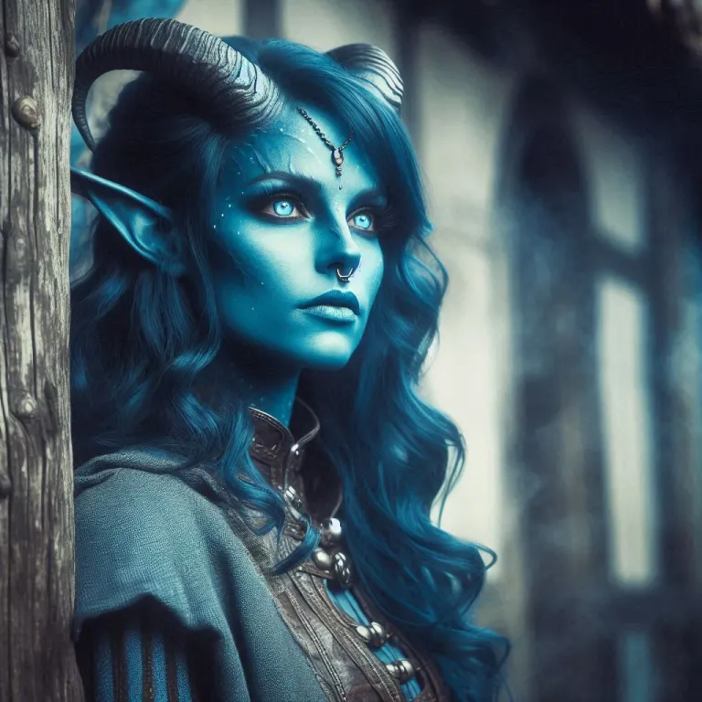 Tiefflin à la peau bleue et aux cheveux noirs avec des yeux bleus très clair