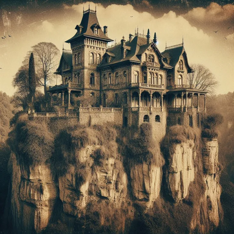 Photographie d'un manoir perché sur une falaise dans les années 1920 